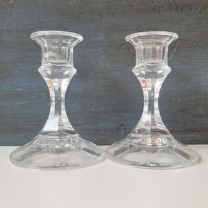 Set of 2 Candlestick Candle Holder Clear Crystal Glass Vintage